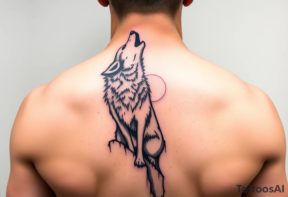 lone wolf howling at full moon with northern lights backdrop tattoo idea