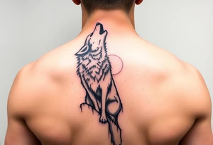 lone wolf howling at full moon with northern lights backdrop tattoo idea