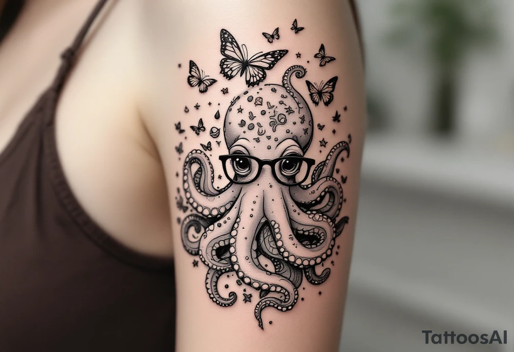 cute octopus, wearing glasses, friendly, surrounded by butterflies and oceanic items, grey ink, monochrome grey color tattoo idea