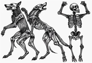 two wolf skeletons dancing with anatomically correct bones tattoo idea