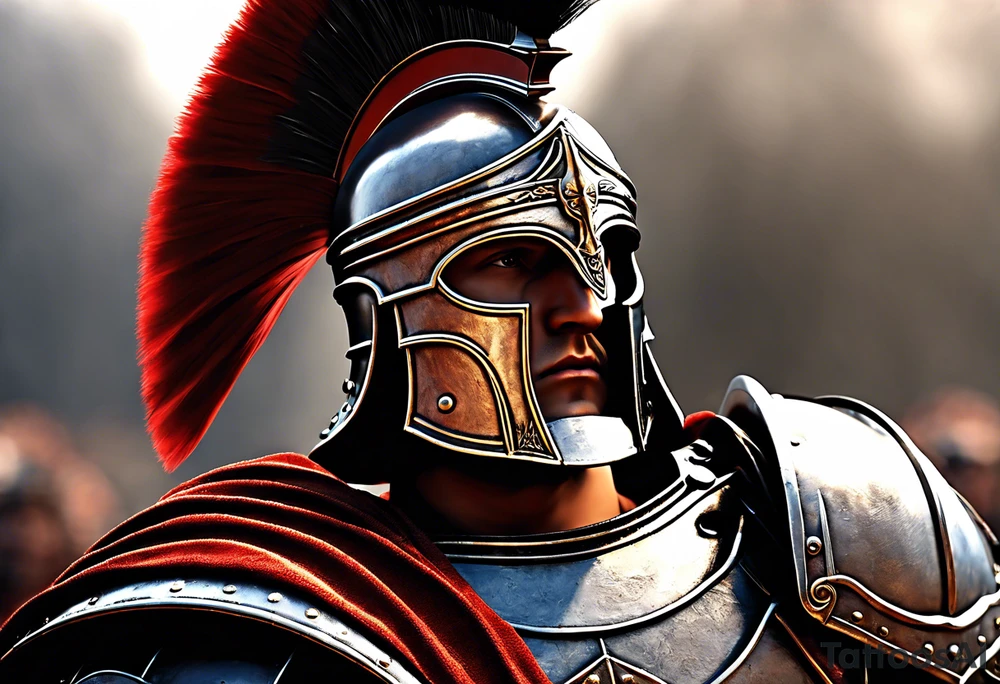 a high ranking roman centurion, soldier, AD 60, wearing armour which must include an armoured belt, breastplate, armoured shoes, shield, helmet and sword. the soldier is strong, tall, large, fit, muscular. the soldier is faceless. We can see the full body of the centurion, from his shoes to his helmet. The soldier is mid-battle, fending off flaming arrows with his shield, advancing towards the enemy, attacking the enemy. attacking pose. The image should be extremely detailed. Need to see the full soldier. tattoo idea
