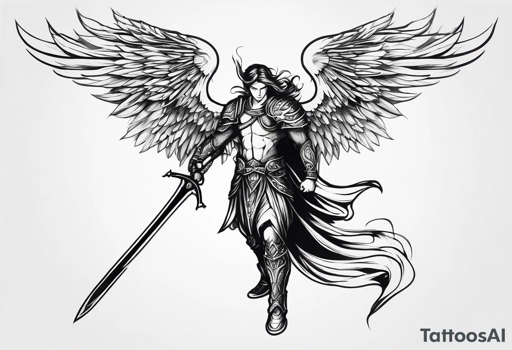 Arch angel fighting sword male full body heavenly tattoo idea