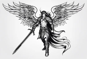 Arch angel fighting sword male full body heavenly tattoo idea