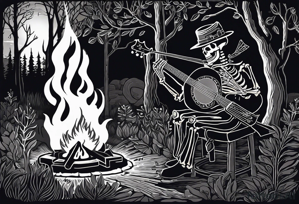 Foreground: The skeleton in a coal miner's hat, animatedly playing the banjo. The light from the campfire illuminates the skeleton and the nearby surroundings, casting intricate shadows.
Midground: The glowing campfire, with flames realistically designed in black and grey shades to emphasize movement and light.
Background: Subtle outlines and shading of rhododendron plants, giving a natural and dense feel to the woods. These can be stylized to blend seamlessly with the style of the tattoo.
Sky: A night sky speckled with stars, adding depth and a sense of time to the scene, with the stars providing a contrast against the dark sky. tattoo idea