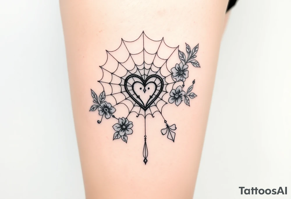 spiderweb with heart and flowers tattoo idea