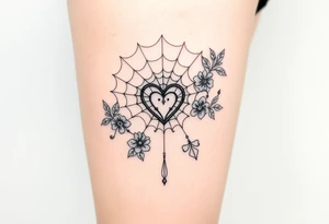 spiderweb with heart and flowers tattoo idea