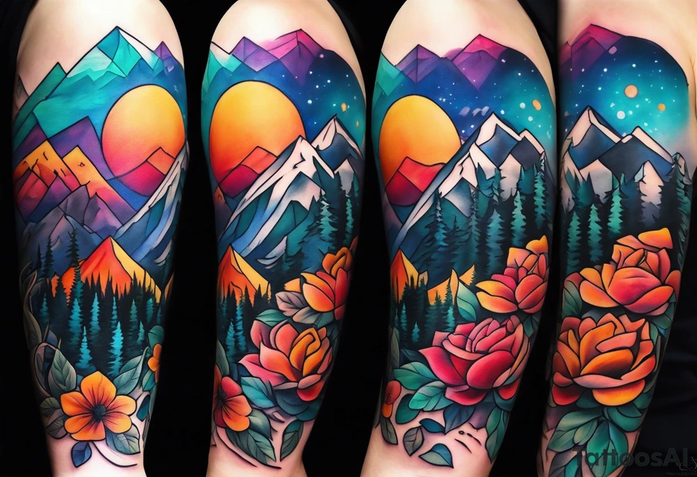 Full sleeve tattoo that symbolizes Family Love, memories of deceased family, mental health, adventure in mountains tattoo idea