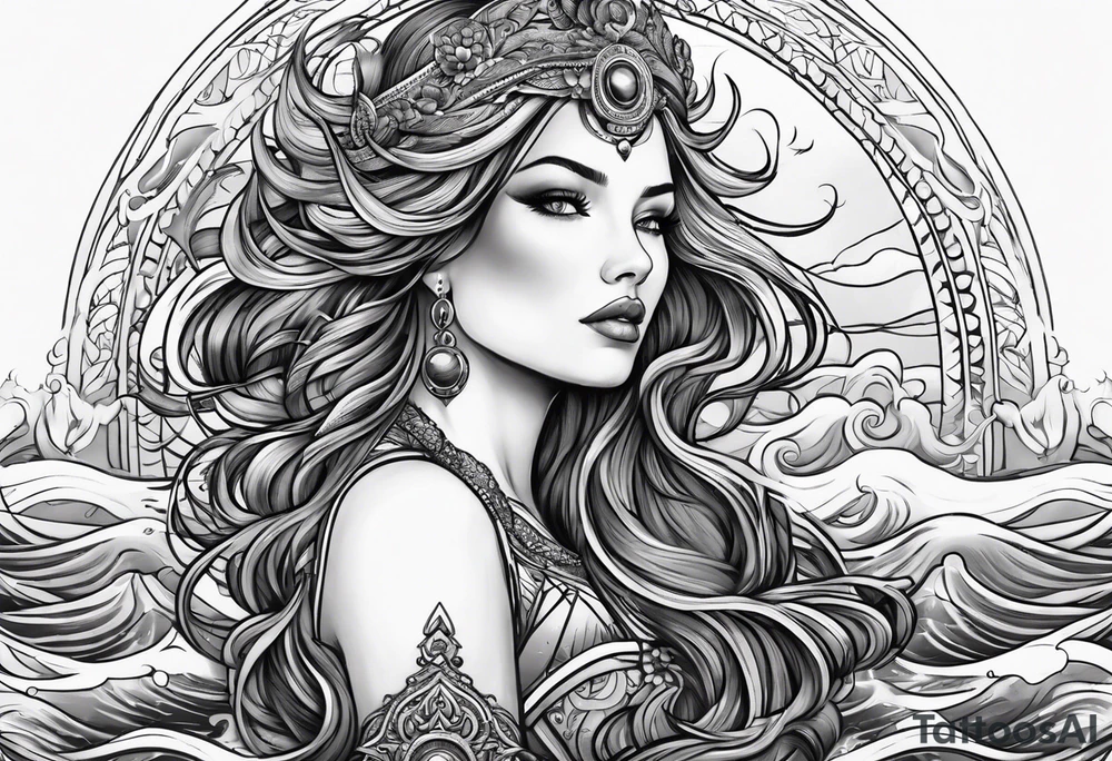 goddess, stormy sea, full length tattoo idea