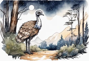 an emu with the head of a barn owl walking on a forest path at night tattoo idea
