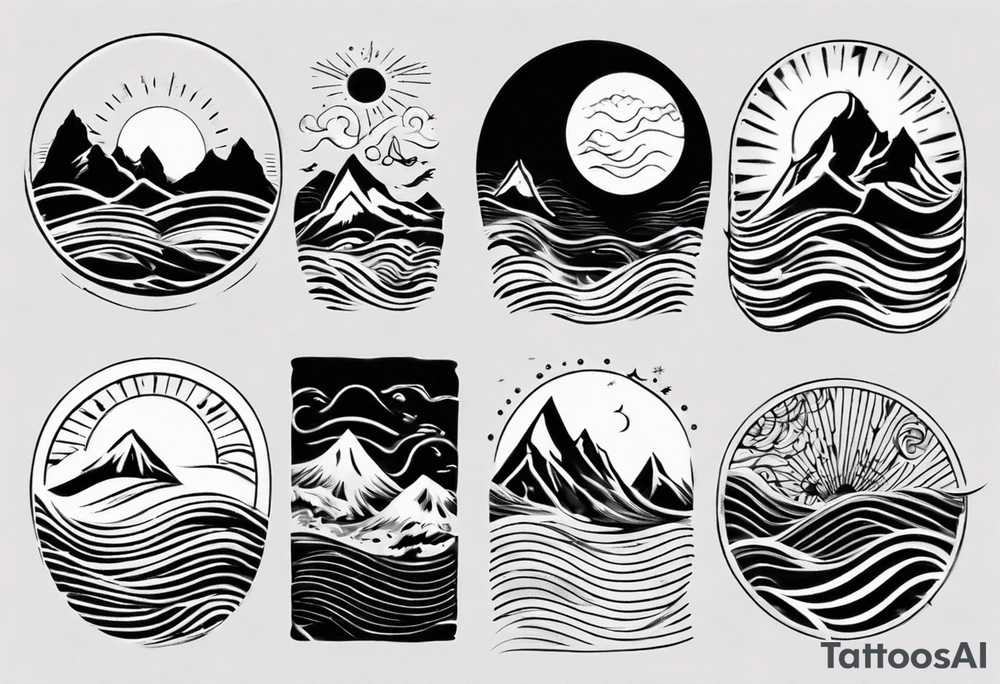 sleeve, mountains, waves, sun tattoo idea