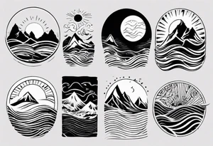 sleeve, mountains, waves, sun tattoo idea