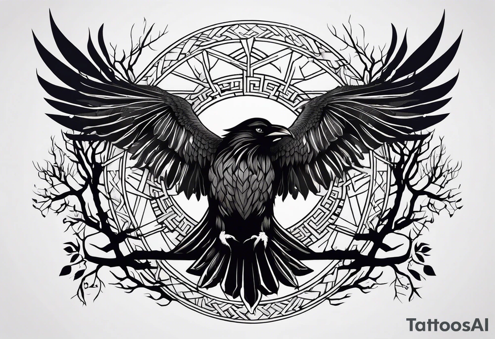 Viking Vegvisir with raven wings around it, Viking Valknut, tree of life tattoo idea
