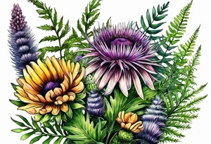 small vertical mixed wildflower bouquet with ferns, thistle and with color tattoo idea