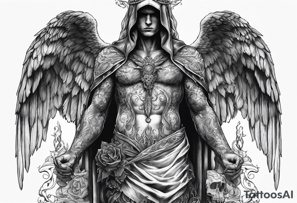 realistic full body of angel of death, without face, man tattoo idea