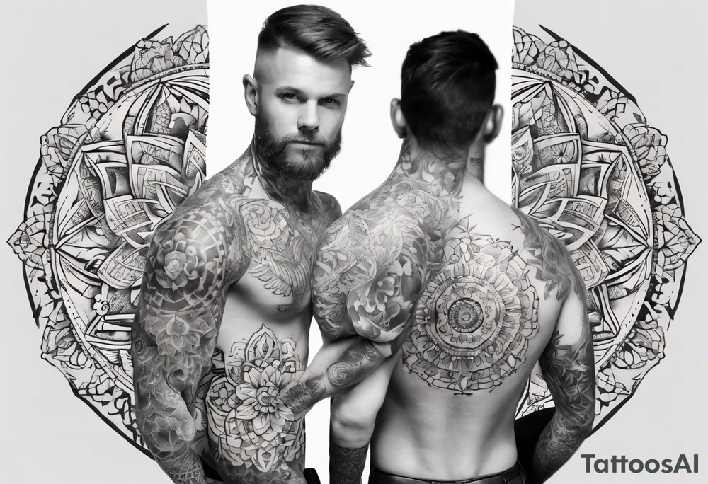 man with tattoos on both arms. from shoulder to elbow , each tattoo with beautiful women mixed with mandalas tattoo idea