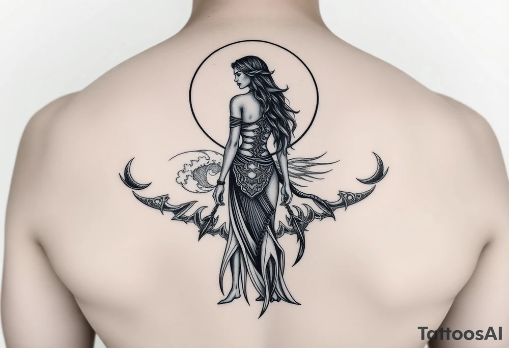 Elaphany with tribal woman standing in front of the ocean and moon tattoo idea