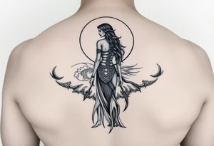 Elaphany with tribal woman standing in front of the ocean and moon tattoo idea