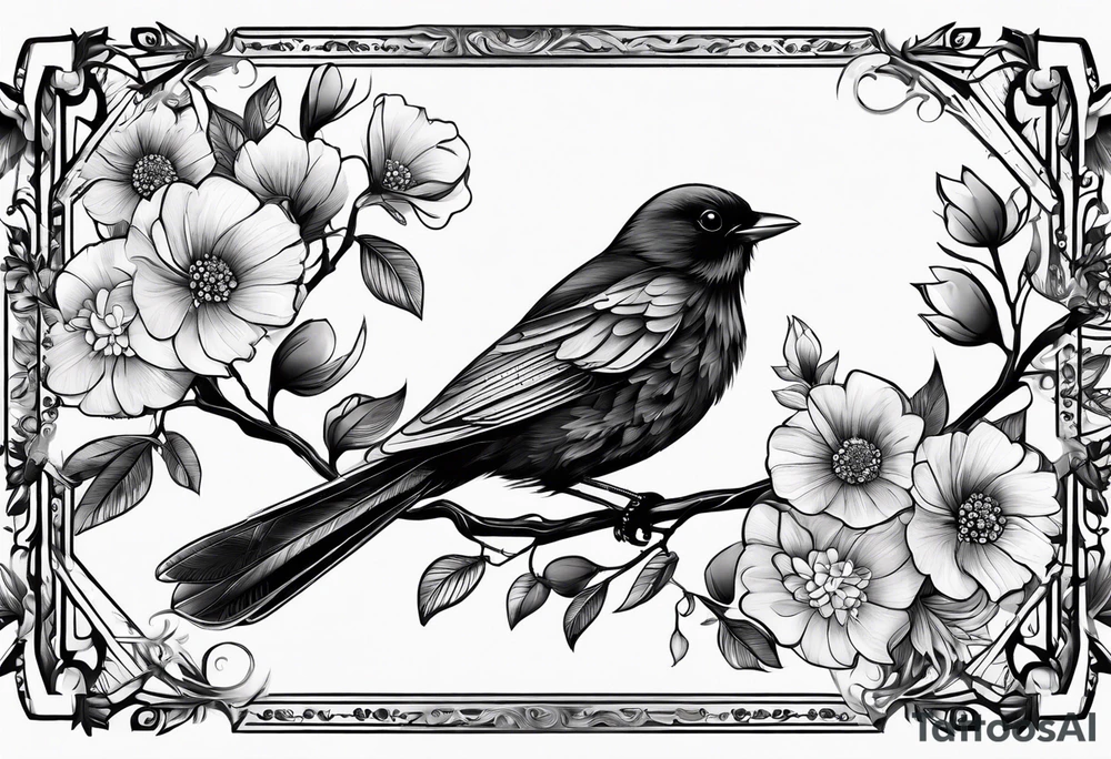 Black bird about to fly on a branch with flowers tattoo idea