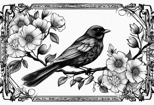 Black bird about to fly on a branch with flowers tattoo idea