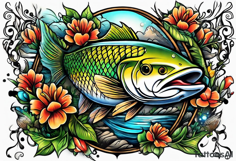 Fishing and outdoor scene sleeve tattoo idea
