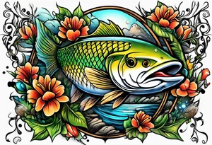 Fishing and outdoor scene sleeve tattoo idea