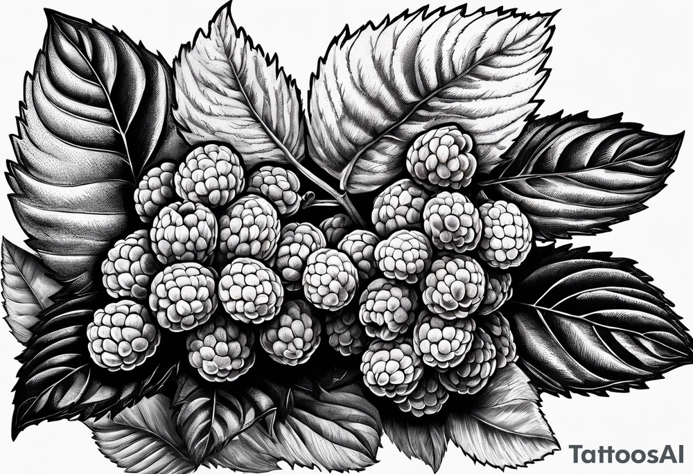 a long raspberry branch with lots of leaves and no shading tattoo idea