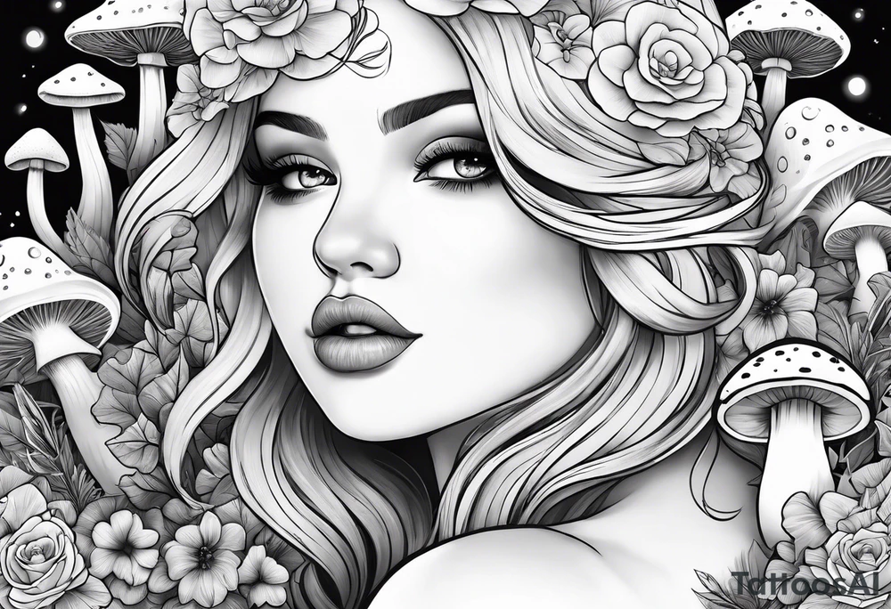 Blonde chubby Girl surrounded by mushrooms crescent moon background tattoo idea