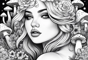 Blonde chubby Girl surrounded by mushrooms crescent moon background tattoo idea