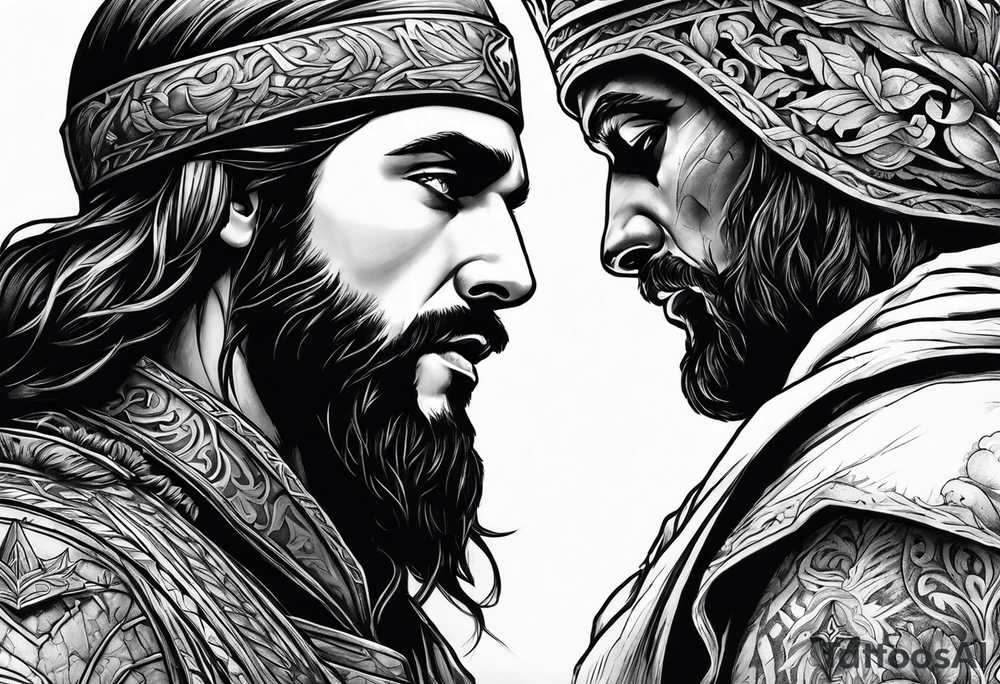 A solider face to face with death with Jesus over his shoulder tattoo idea