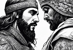 A solider face to face with death with Jesus over his shoulder tattoo idea