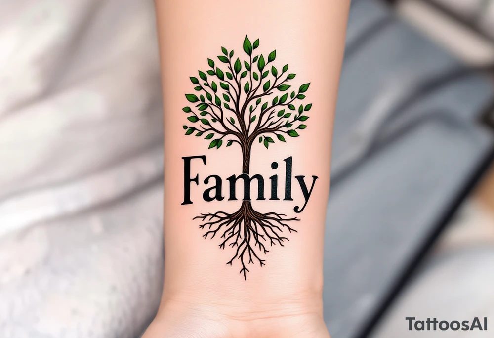 Family written in bold serif letters beneath a tree with green leaves and brown roots entwining into the text. tattoo idea