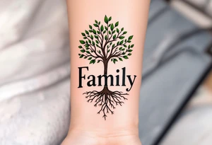 Family written in bold serif letters beneath a tree with green leaves and brown roots entwining into the text. tattoo idea