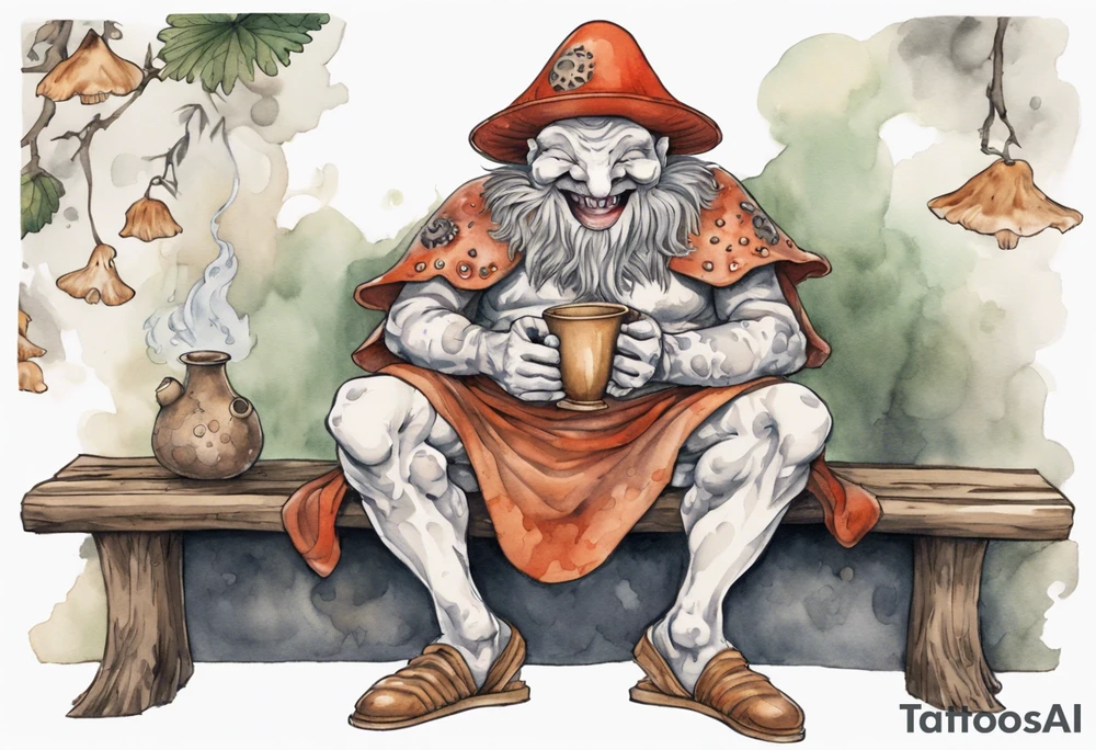 a mushroom-creature wearing a  medieval tunic sitting on a bench by a fireplace drinking from a wood cup, laughing tattoo idea