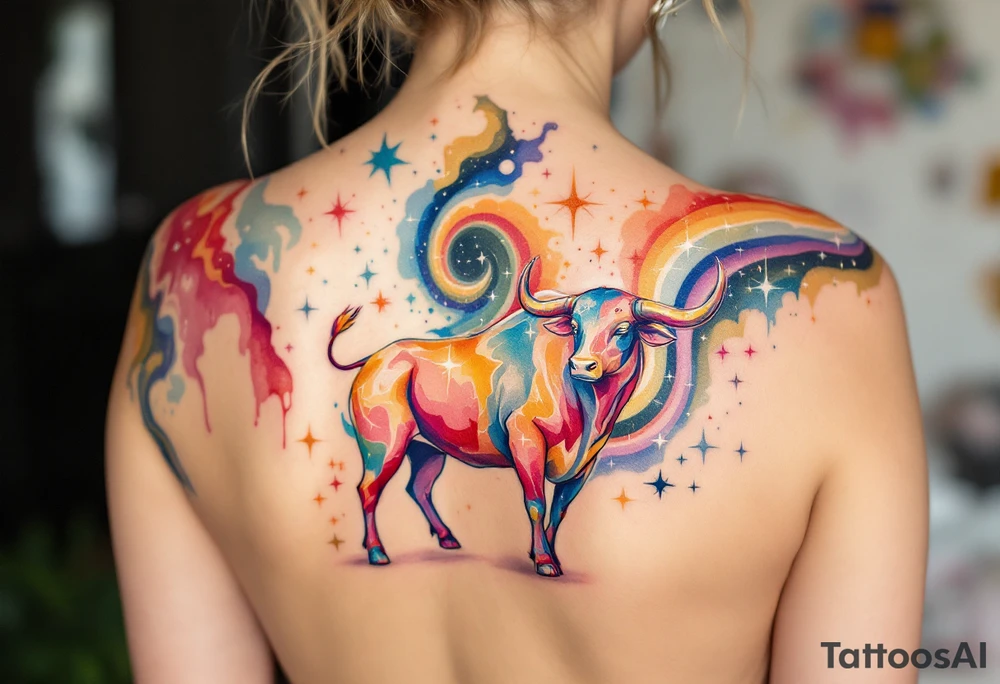 Bathed in creamy starlight, the Taurus bull stands firm amid cosmic chaos lookig at taurus star constellation tattoo idea