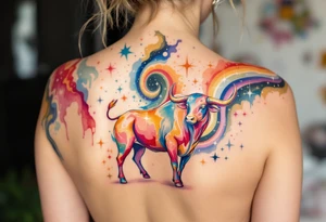 Bathed in creamy starlight, the Taurus bull stands firm amid cosmic chaos lookig at taurus star constellation tattoo idea