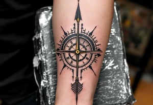 Rustic half compass half clock with a long native American arrow pointing at my wrist with the words “True North” and says "Isaiah 40:31" tattoo idea