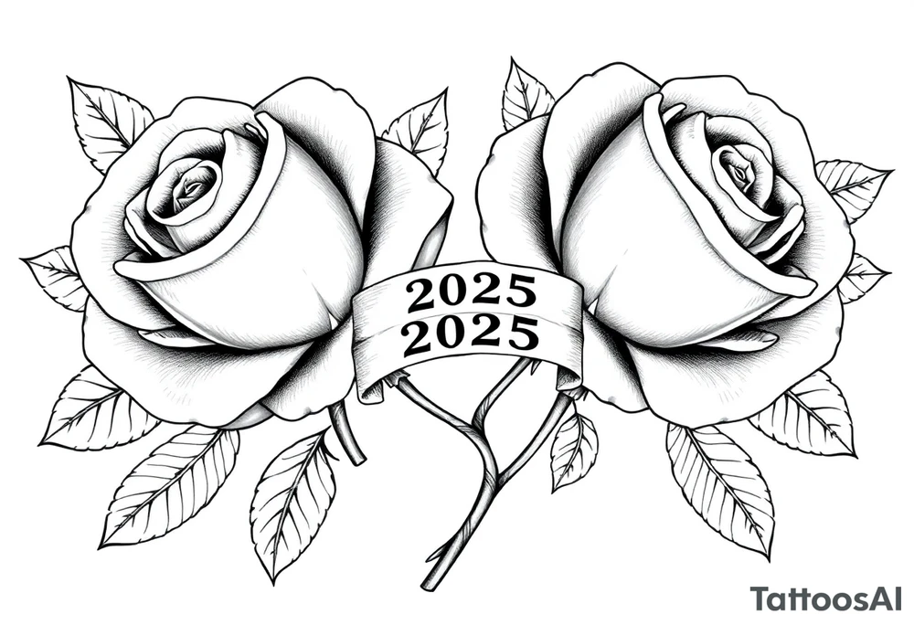 two big beautiful roses with leaves and separated by their intertwined stems, with a small banner with the year "2025" on it, tying them together.  Add the following word "Rose" written in Kanji above the drawing. tattoo idea