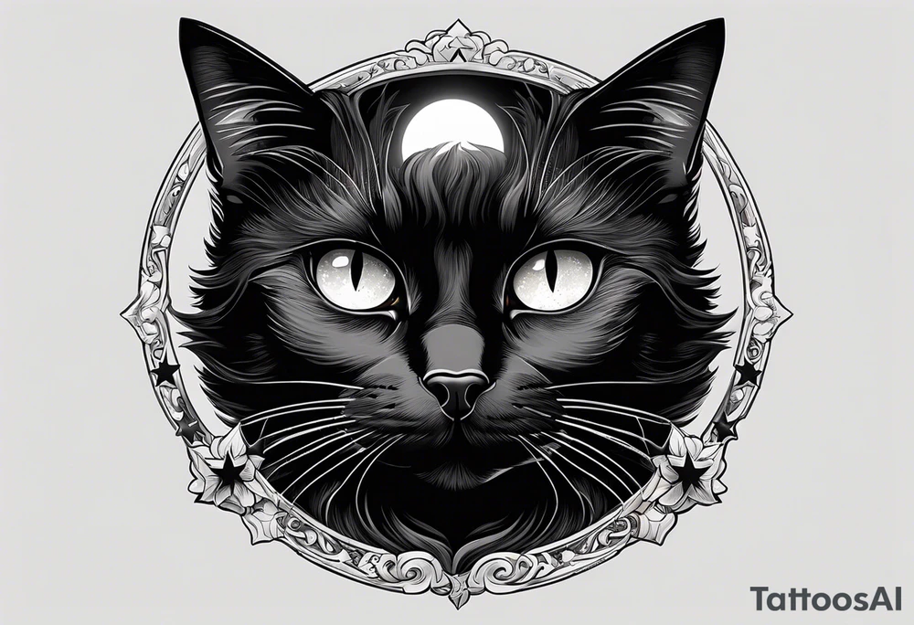 Photo realistic black cat head with moon and stars tattoo idea