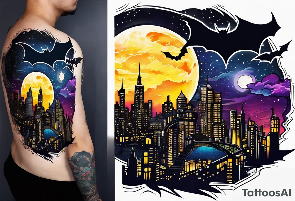 bat signal at night over a cityscape tattoo idea