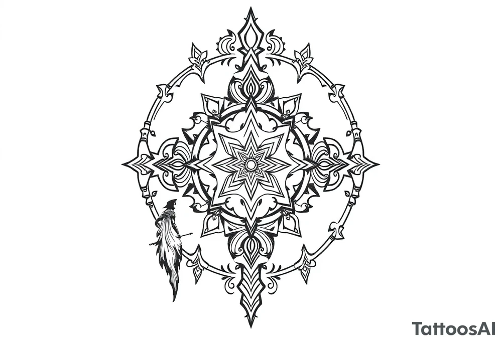 mystical long ornament tattoo with shaman and witch style and ancient rhyme tattoo idea