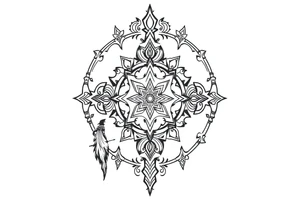 mystical long ornament tattoo with shaman and witch style and ancient rhyme tattoo idea