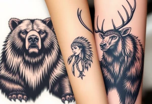 Indigenous, Majestic, and Powerful male Goliath Grizzly Bear and Elk. Both guarding an Indigenous, Majestic, and Powerful Raven haired Warrior Squaw tattoo idea