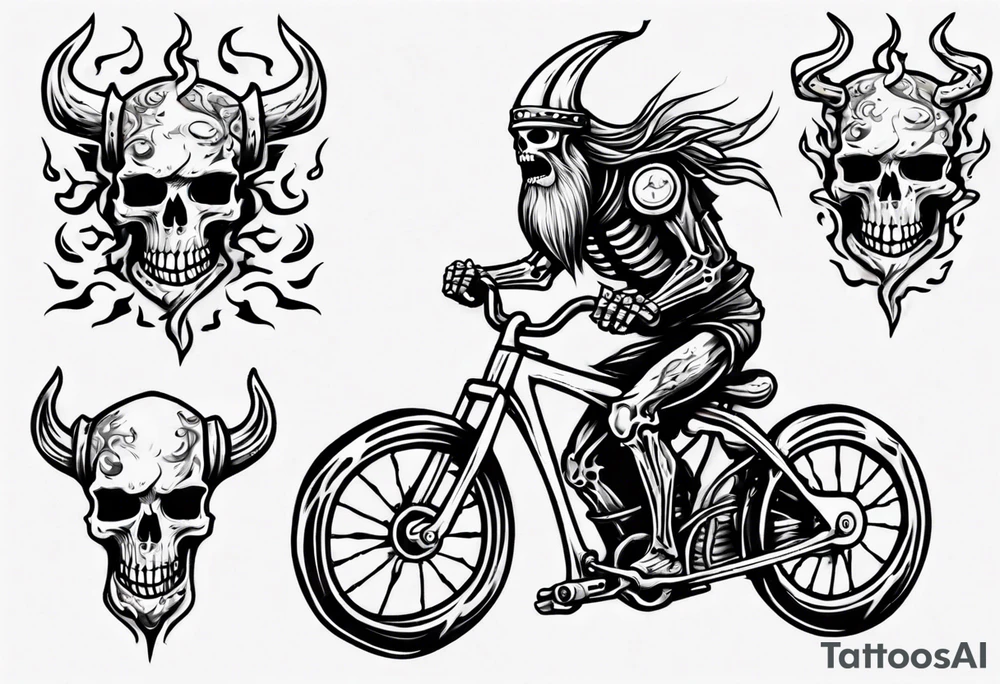 Skeleton riding a bike with flames and a viking head in the background tattoo idea