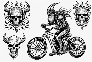 Skeleton riding a bike with flames and a viking head in the background tattoo idea