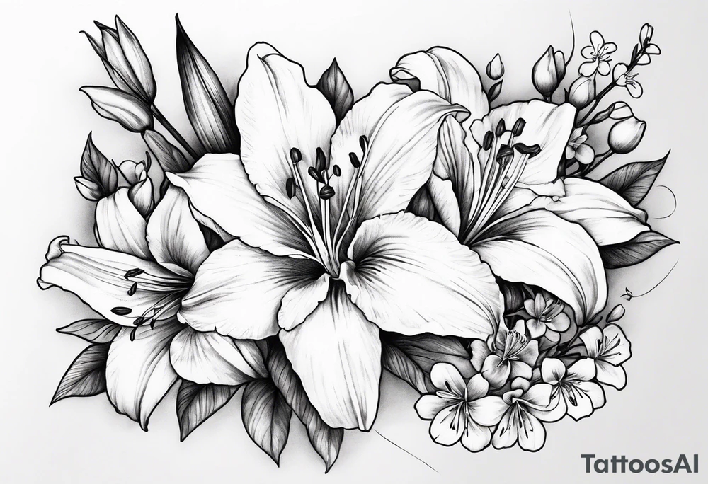 Lily, gladioli, cherry blossom, forget me nots tattoo idea