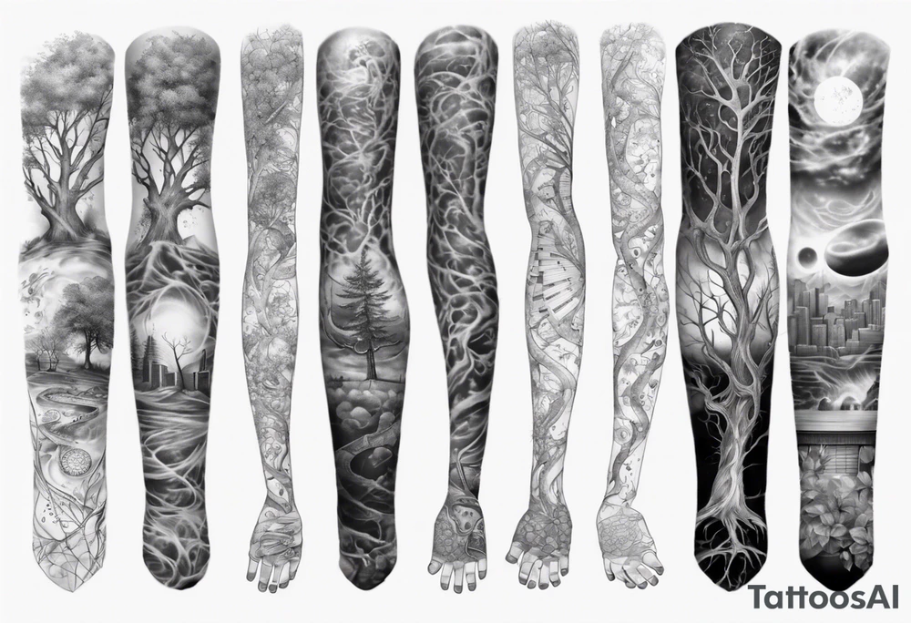 full arm sleeve tattoo combining images of DNA, science, guitar, piano, music. tree of life, focus, masculine tattoo idea