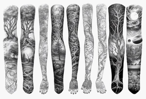 full arm sleeve tattoo combining images of DNA, science, guitar, piano, music. tree of life, focus, masculine tattoo idea