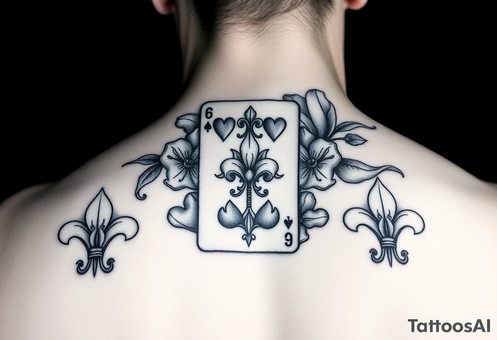 SIX of hearts card with 6 fleur de lis as the hearts and magnolias in the background tattoo idea
