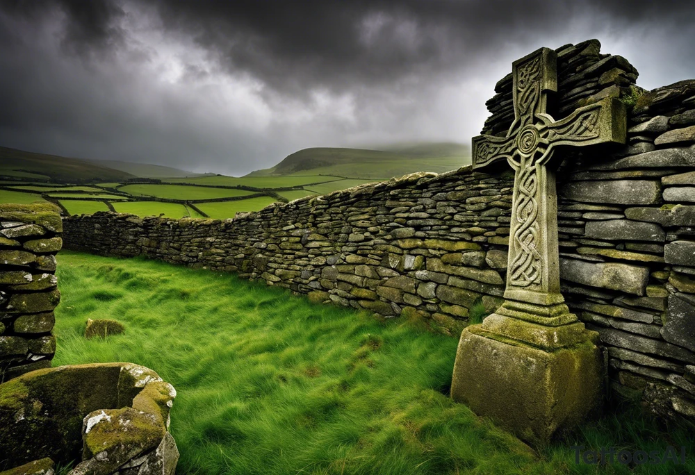 A weathered and aged stone Celtic cross, standing alone in melancholic silence at the base of a ruined stone wall. The cross, with its intricate knotwork and spiral designs, seems to stand as a testament to a forgotten past. Its surface is etched with time, bearing the scars of countless storms and harsh elements. The base of the cross is engraved with the name of a long-forgotten priest or noble, now reduced to little more than illegible scratches. The ruined stone wall behind it stretches out in all directions, covered in moss and lichen, with only a few crumbling sections still standing tall. The remnants of a graveyard can be seen beyond the wall, with overgrown headstones and unkempt grasses swaying in the gentle breeze. The sky above is cloudy and ominous, casting a pale gray light over the scene, adding to the air of melancholy that pervades the image. The wind whispers through the stones, rustling the leaves of a few remaining trees and causing the stone cross to creak and groan softly, as if it too were alive and mourning the loss of its past. tattoo idea