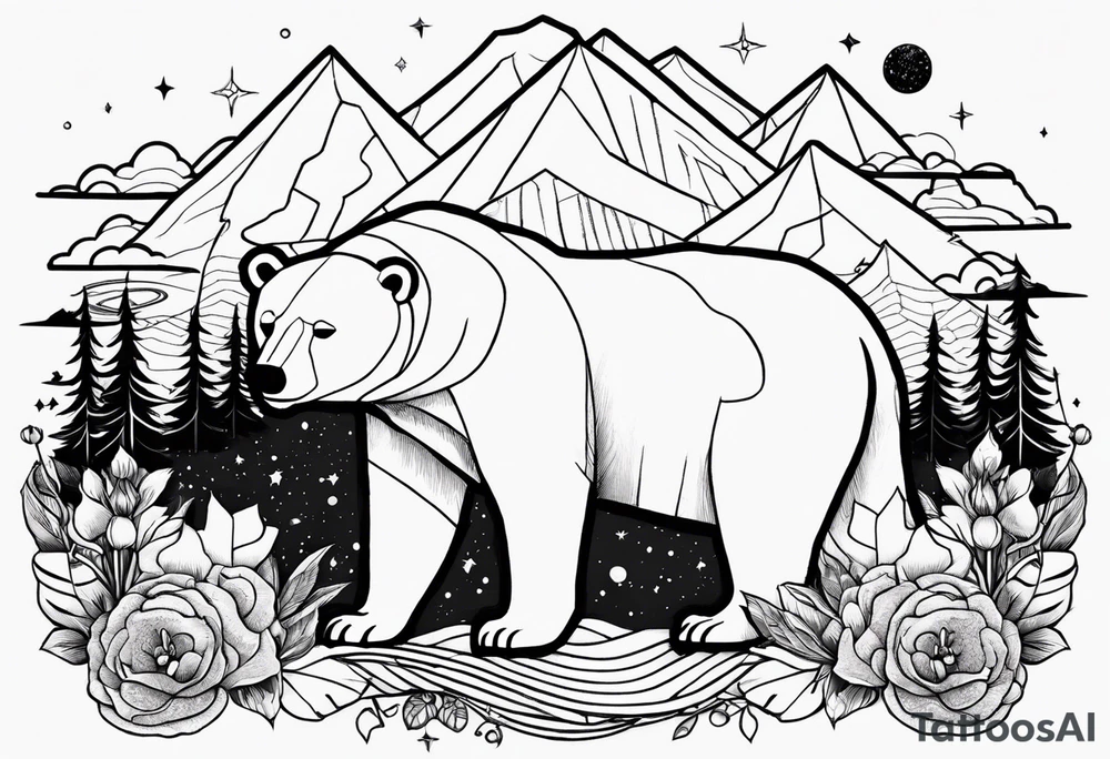 line tatoo beginning with mountains and a polar bear, also has planets, Luffy's  hat, an open book, music and a sword. The whole tatoo is under a skull tattoo idea